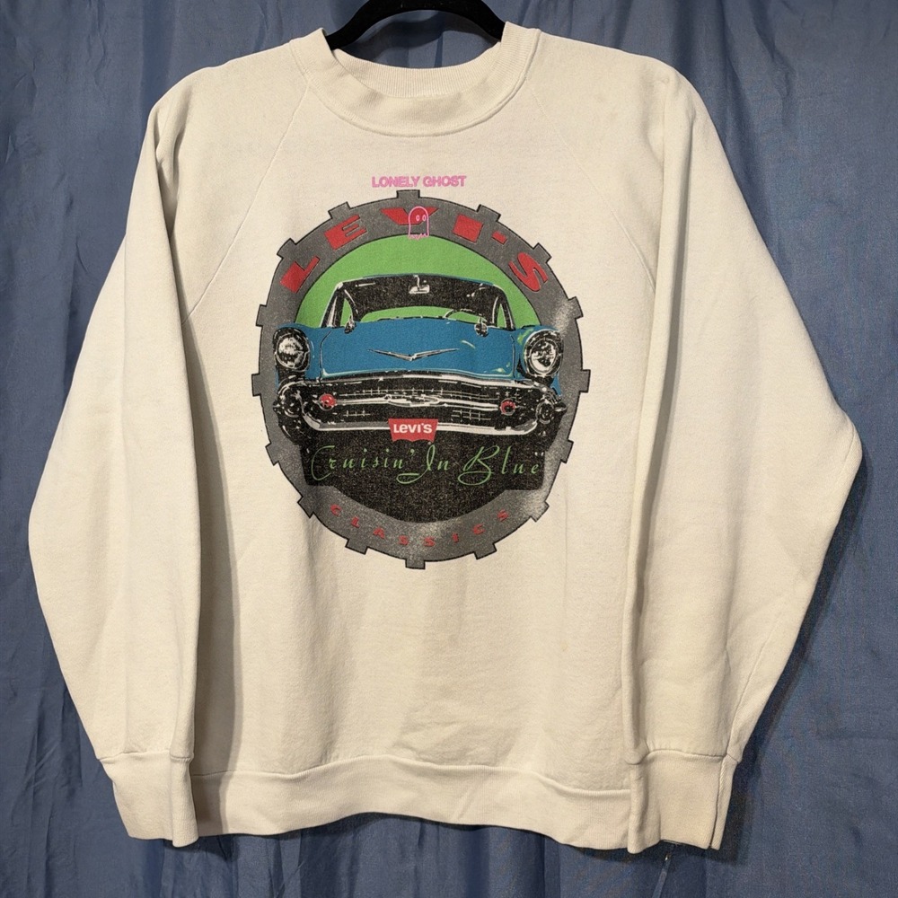 Lonely Ghost Ghosted Garment Vintage Levi's Sweater Men Large Made USA Blue Car